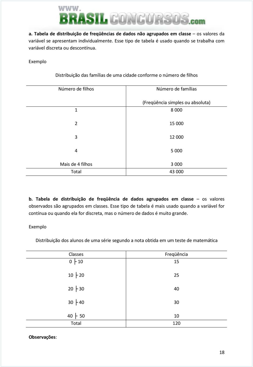 Exemplo Distribuição das famílias de uma cidade conforme o número de filhos Número de filhos Número de famílias 1 3 (Freqüência simples ou absoluta) 8000 15000 1000 4 5 000 Mais de 4 filhos 3 000