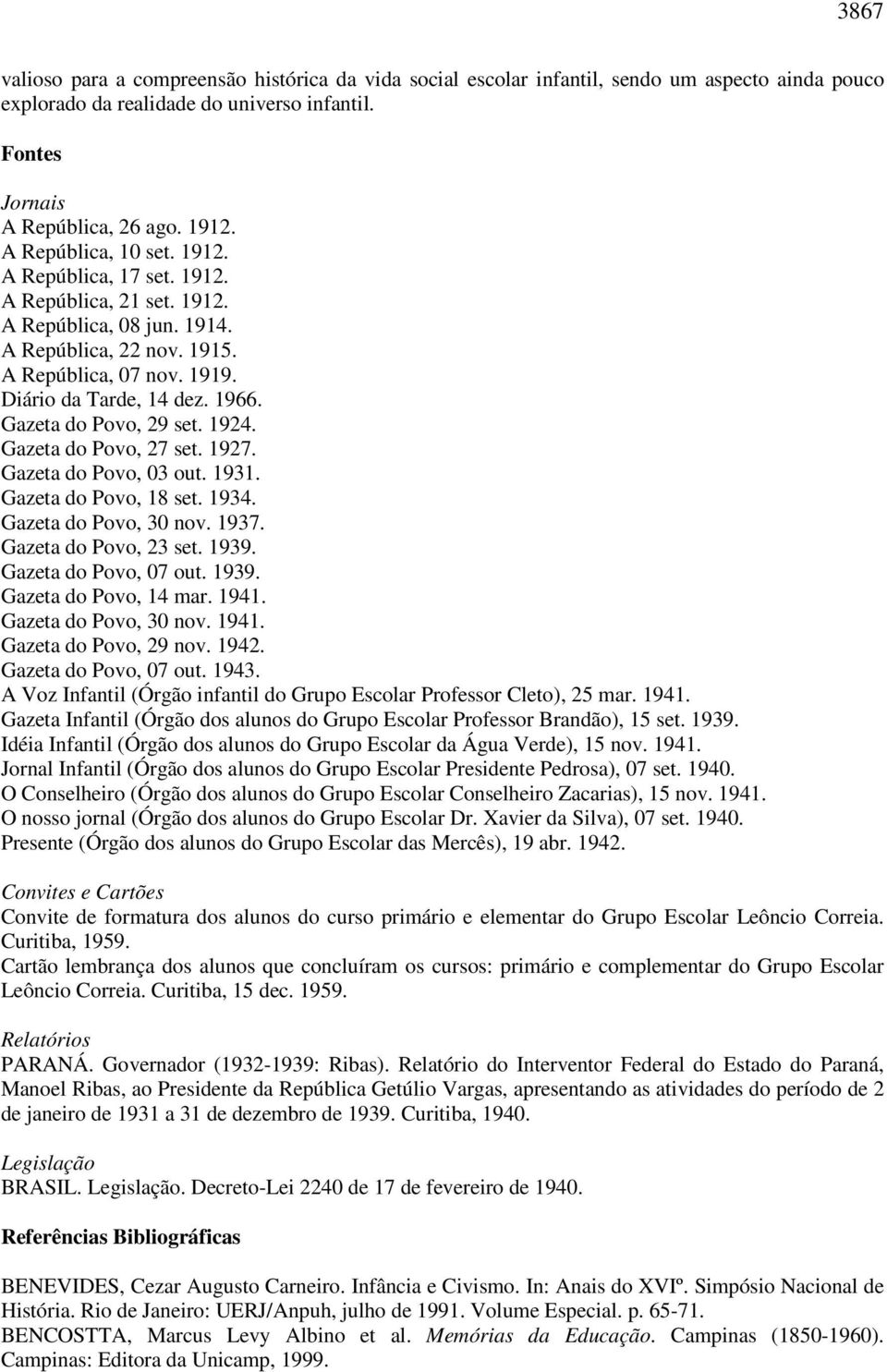 Gazeta do Povo, 29 set. 1924. Gazeta do Povo, 27 set. 1927. Gazeta do Povo, 03 out. 1931. Gazeta do Povo, 18 set. 1934. Gazeta do Povo, 30 nov. 1937. Gazeta do Povo, 23 set. 1939.