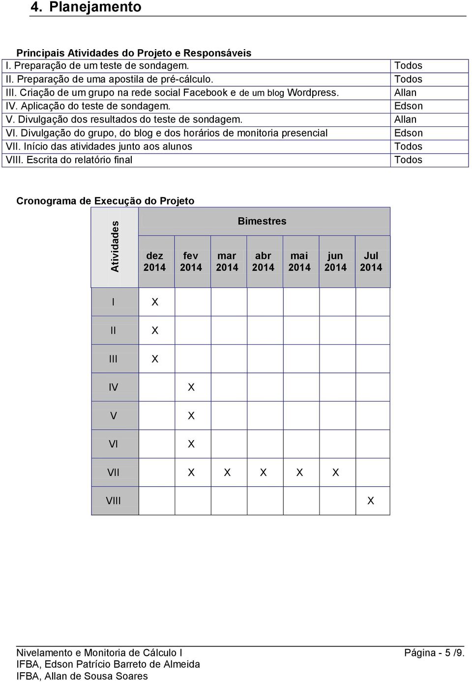 Divulgação dos resultados do teste de sondagem. Allan VI. Divulgação do grupo, do blog e dos horários de monitoria presencial Edson VII.