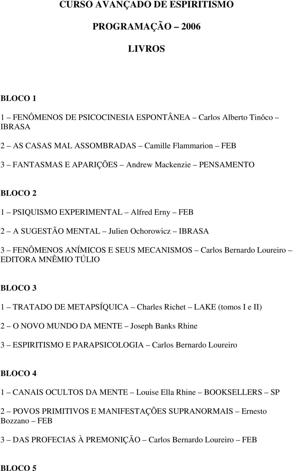 Loureiro EDITORA MNÊMIO TÚLIO BLOCO 3 1 TRATADO DE METAPSÍQUICA Charles Richet LAKE (tomos I e II) 2 O NOVO MUNDO DA MENTE Joseph Banks Rhine 3 ESPIRITISMO E PARAPSICOLOGIA Carlos Bernardo