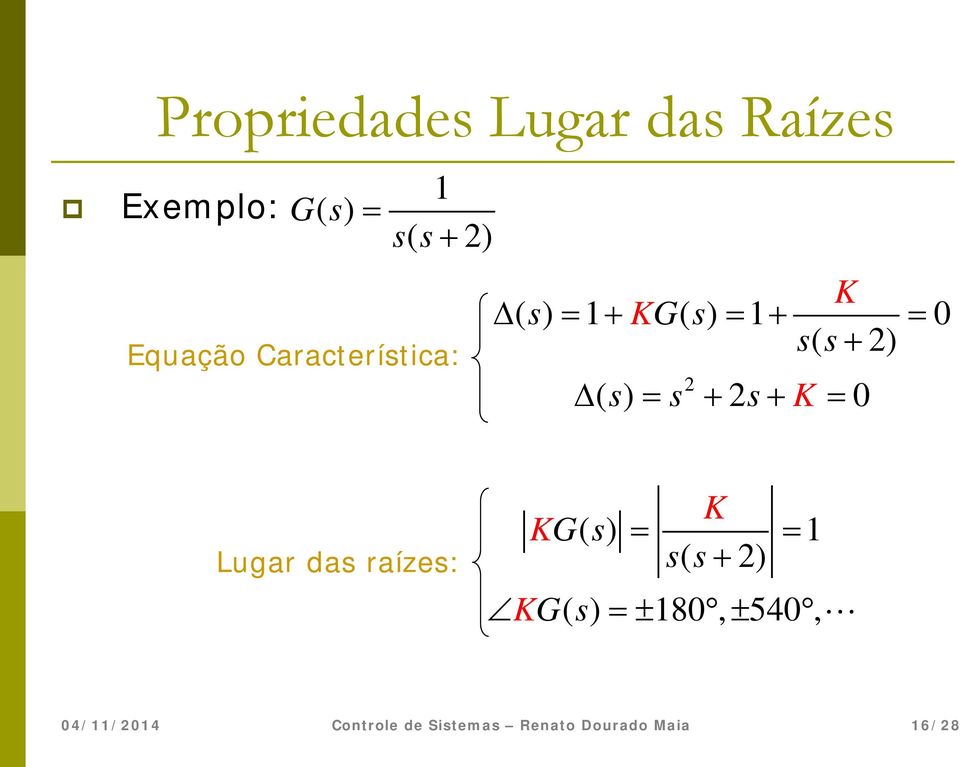 = 0 s( s + 2) 2 () 2 0 s = s + s+ = Lugar das