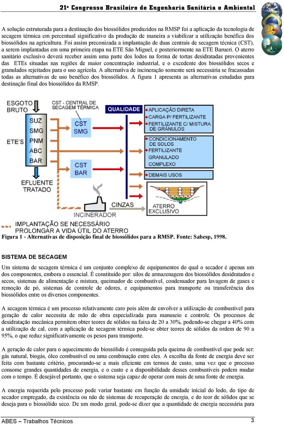 Foi assim preconizada a implantação de duas centrais de secagem técnica (CST), a serem implantadas em uma primeira etapa na ETE São Miguel, e posteriormente na ETE Barueri.