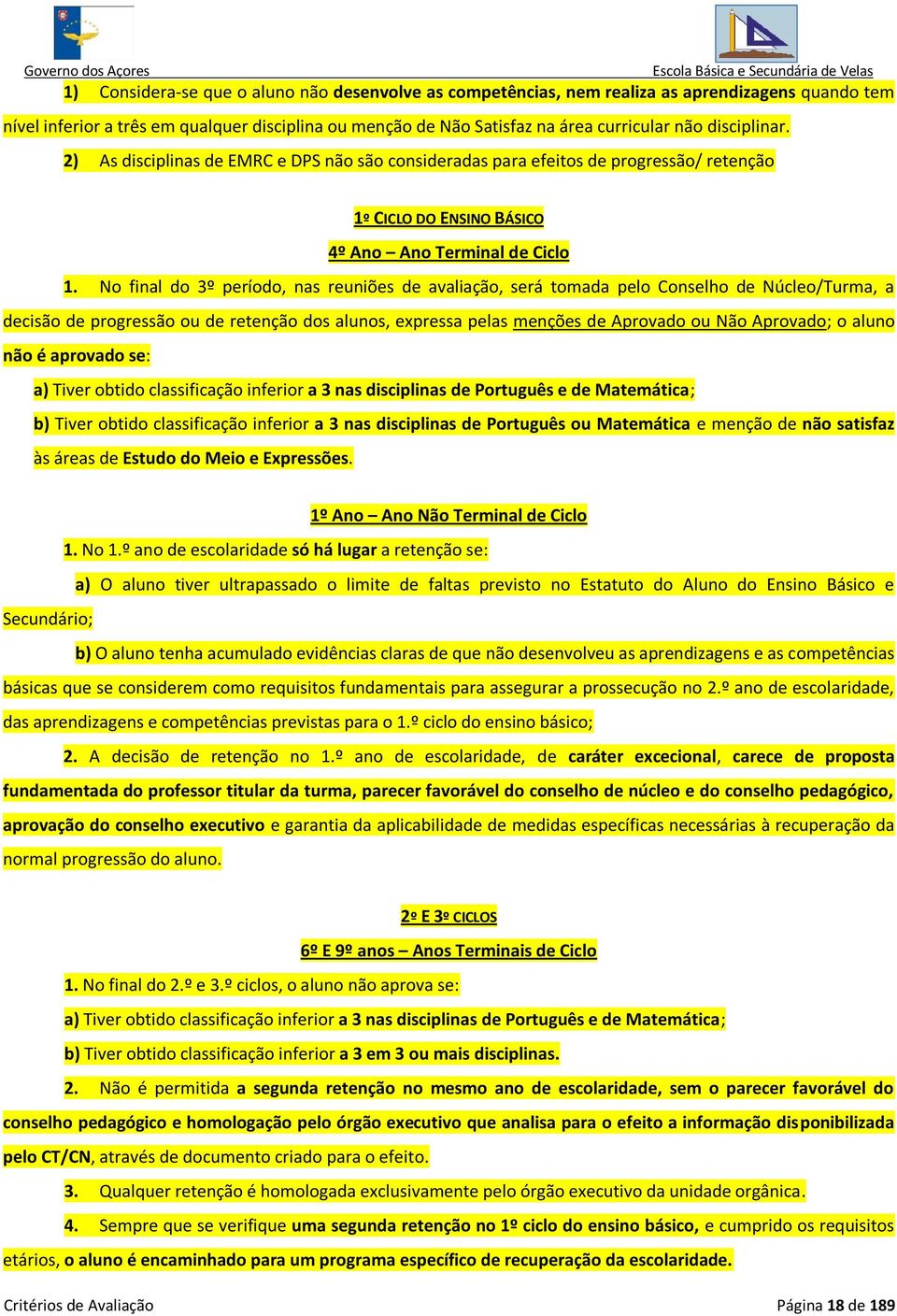 No final do 3º período, nas reuniões de avaliação, será tomada pelo Conselho de Núcleo/Turma, a decisão de progressão ou de retenção dos alunos, expressa pelas menções de Aprovado ou Não Aprovado; o