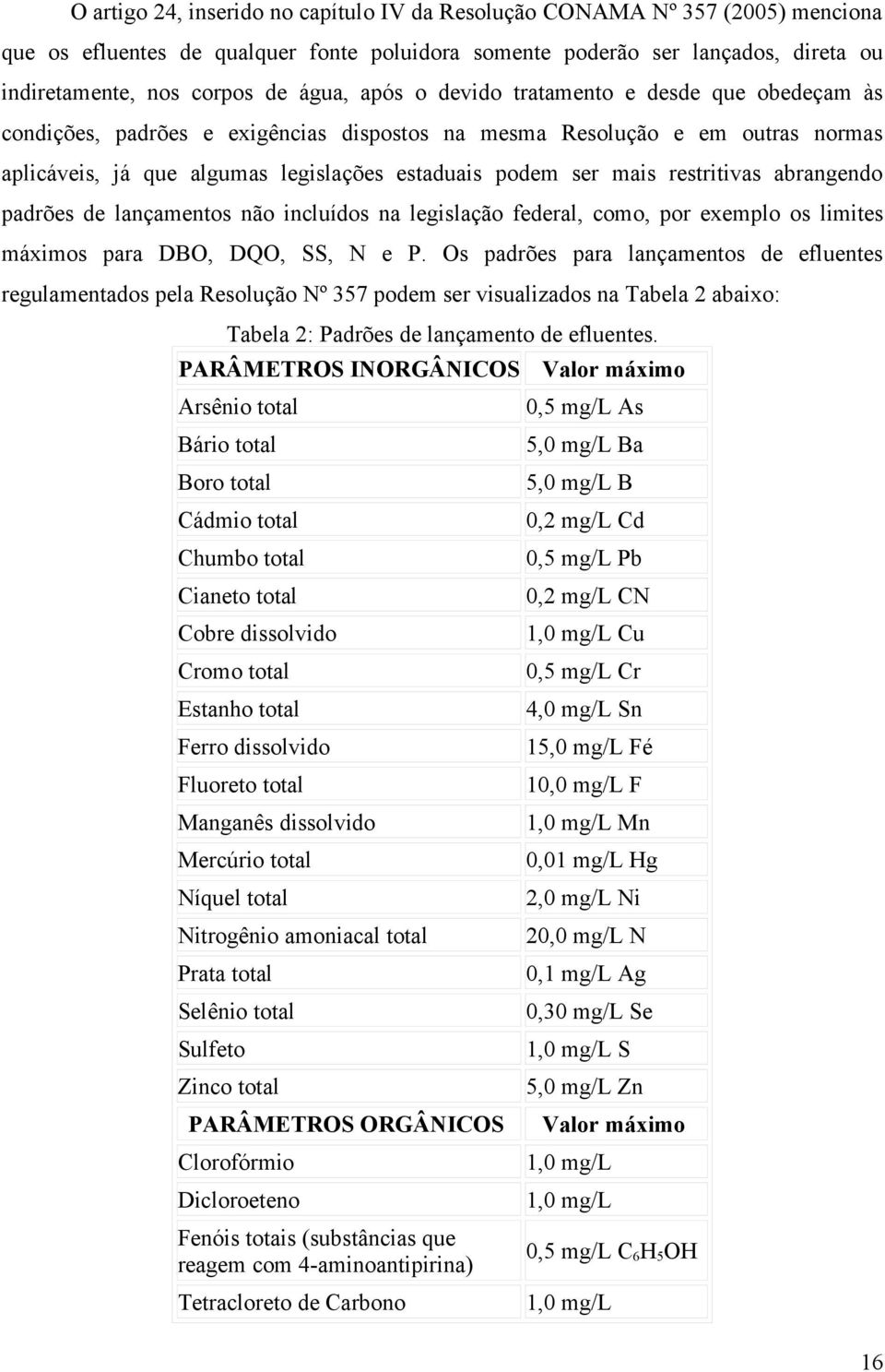 restritivas abrangendo padrões de lançamentos não incluídos na legislação federal, como, por exemplo os limites máximos para DBO, DQO, SS, N e P.