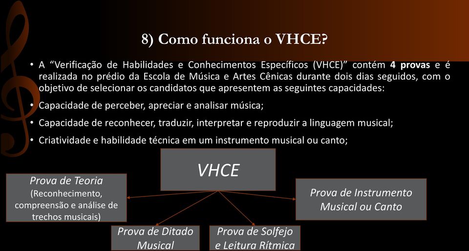 seguidos, com o objetivo de selecionar os candidatos que apresentem as seguintes capacidades: Capacidade de perceber, apreciar e analisar música; Capacidade de