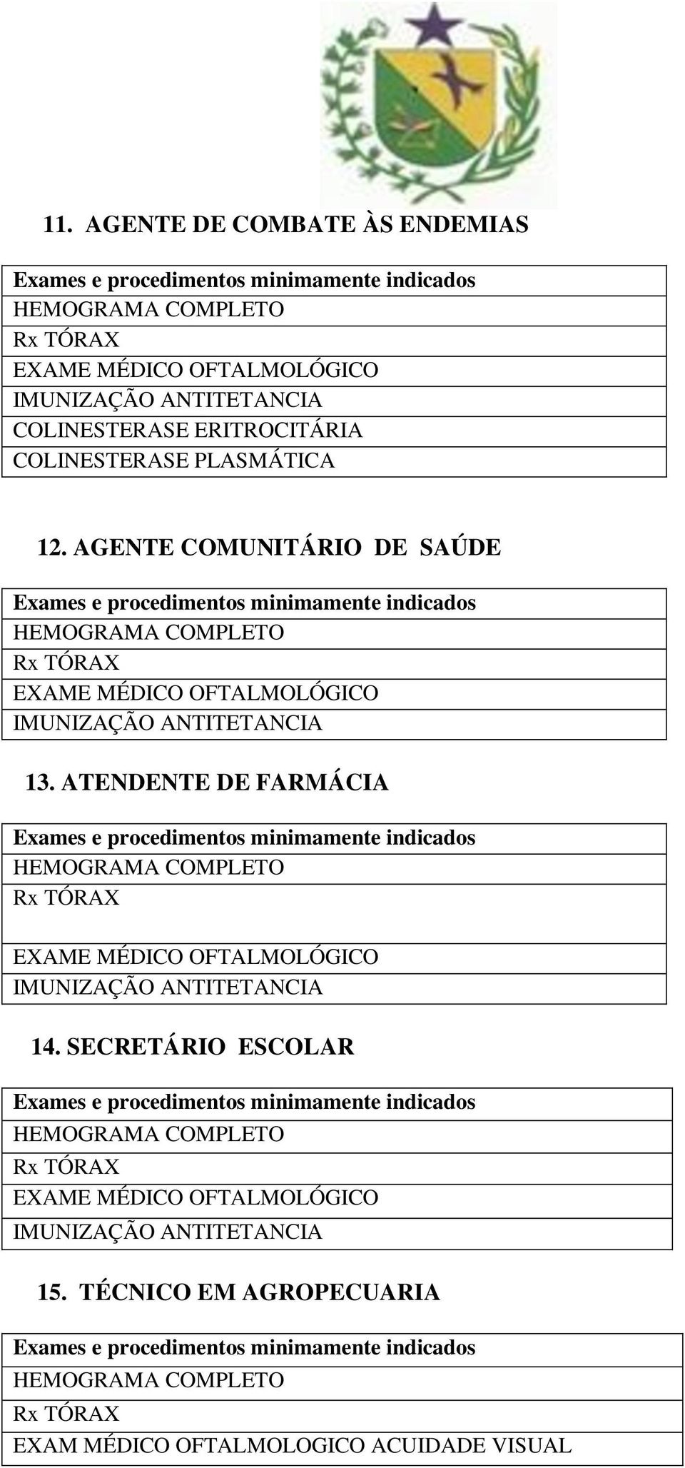 AGENTE COMUNITÁRIO DE SAÚDE 13. ATENDENTE DE FARMÁCIA 14.