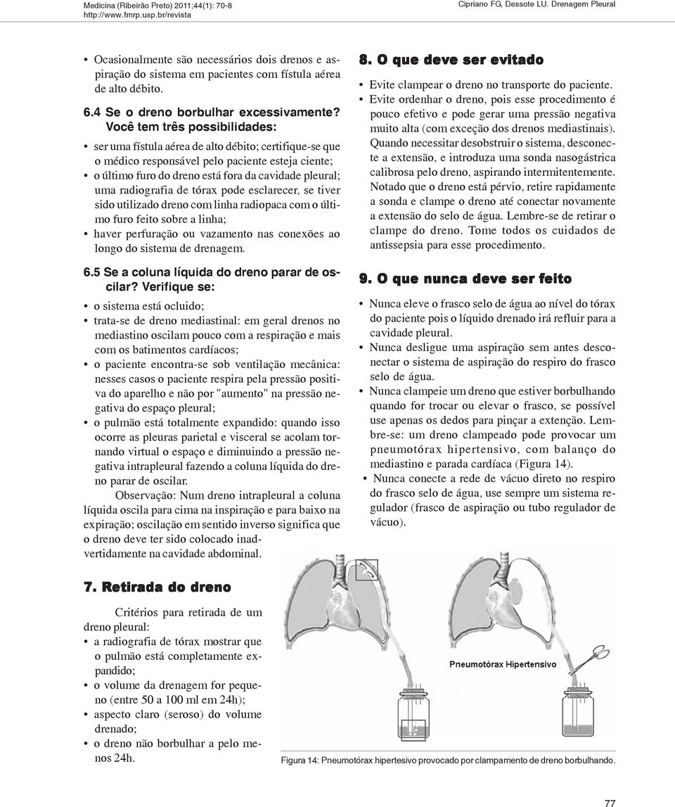 radiografia de tórax pode esclarecer, se tiver sido utilizado dreno com linha radiopaca com o último furo feito sobre a linha; haver perfuração ou vazamento nas conexões ao longo do sistema de