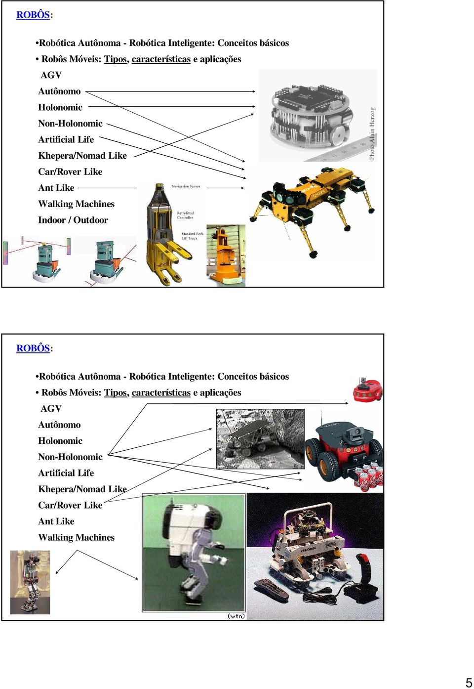 / Outdoor  AGV Autônomo Holonomic Non-Holonomic Artificial Life Khepera/Nomad Like Car/Rover Like Ant Like Walking