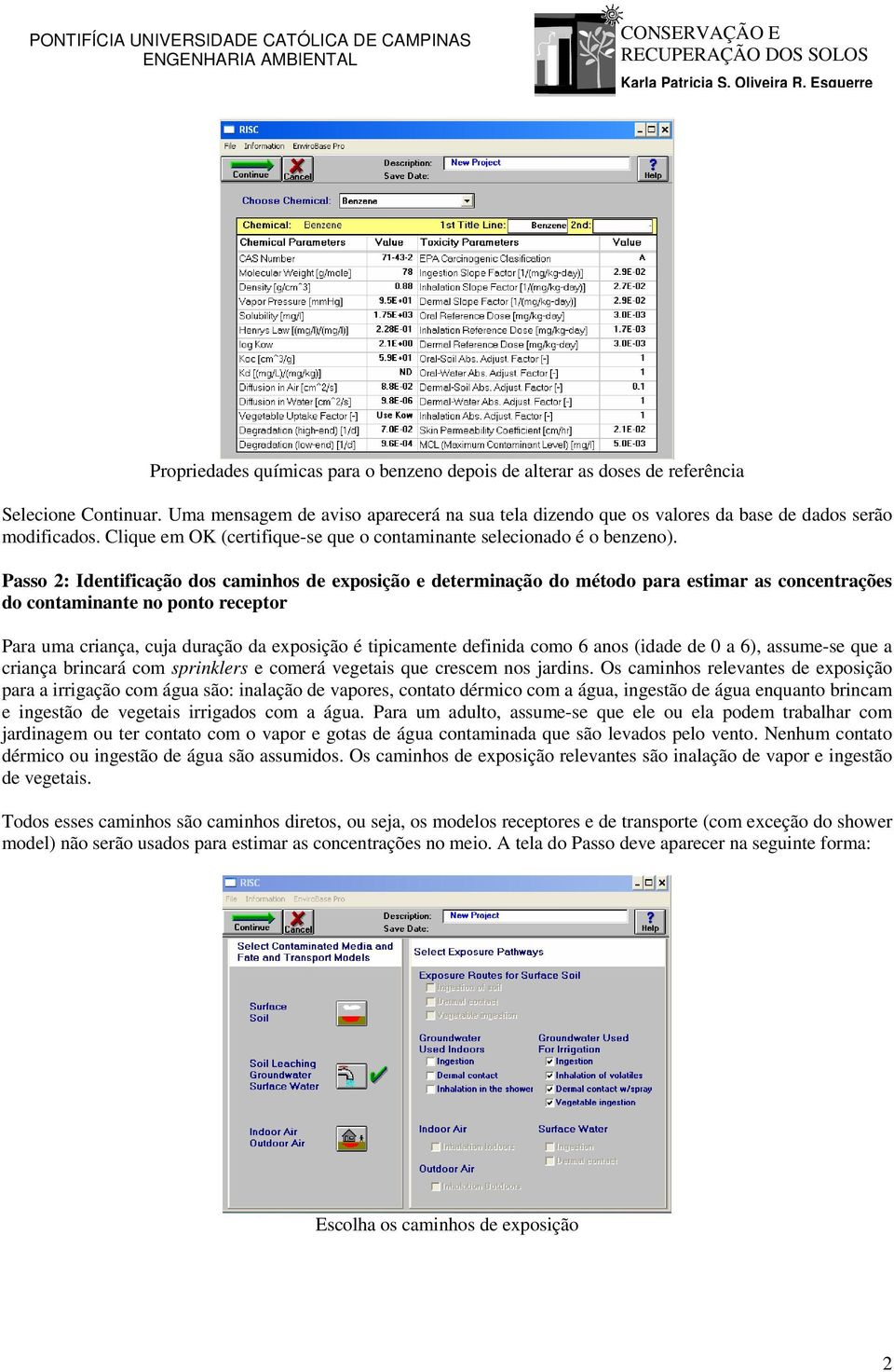 Passo 2: Identificação dos caminhos de exposição e determinação do método para estimar as concentrações do contaminante no ponto receptor Para uma criança, cuja duração da exposição é tipicamente