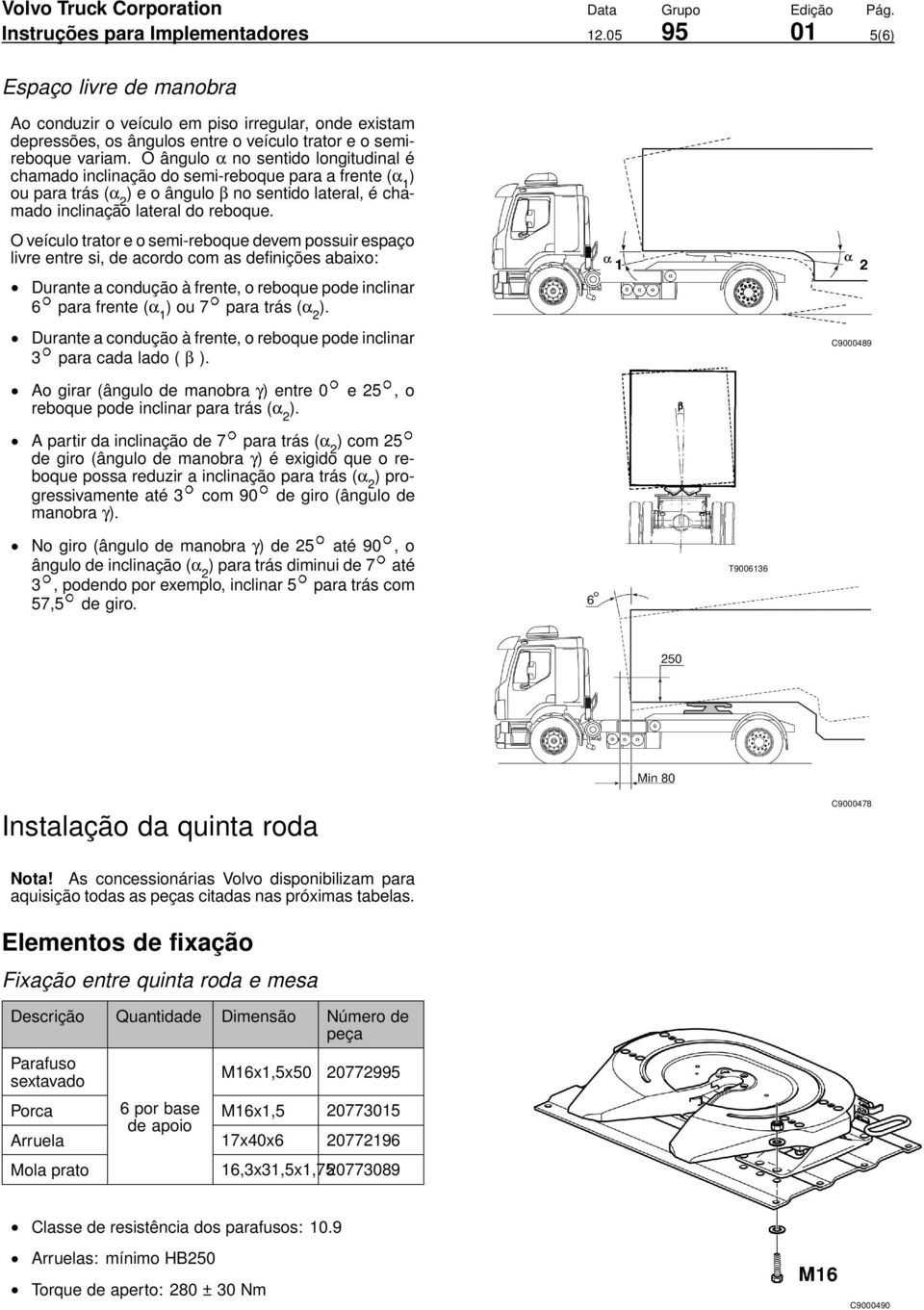 O veículo trator e o semi-reboque devem possuir espaço livre entre si, de acordo com as definições abaixo: Durante a condução à frente, o reboque pode inclinar 6 para frente (α 1 )ou7 para trás (α 2