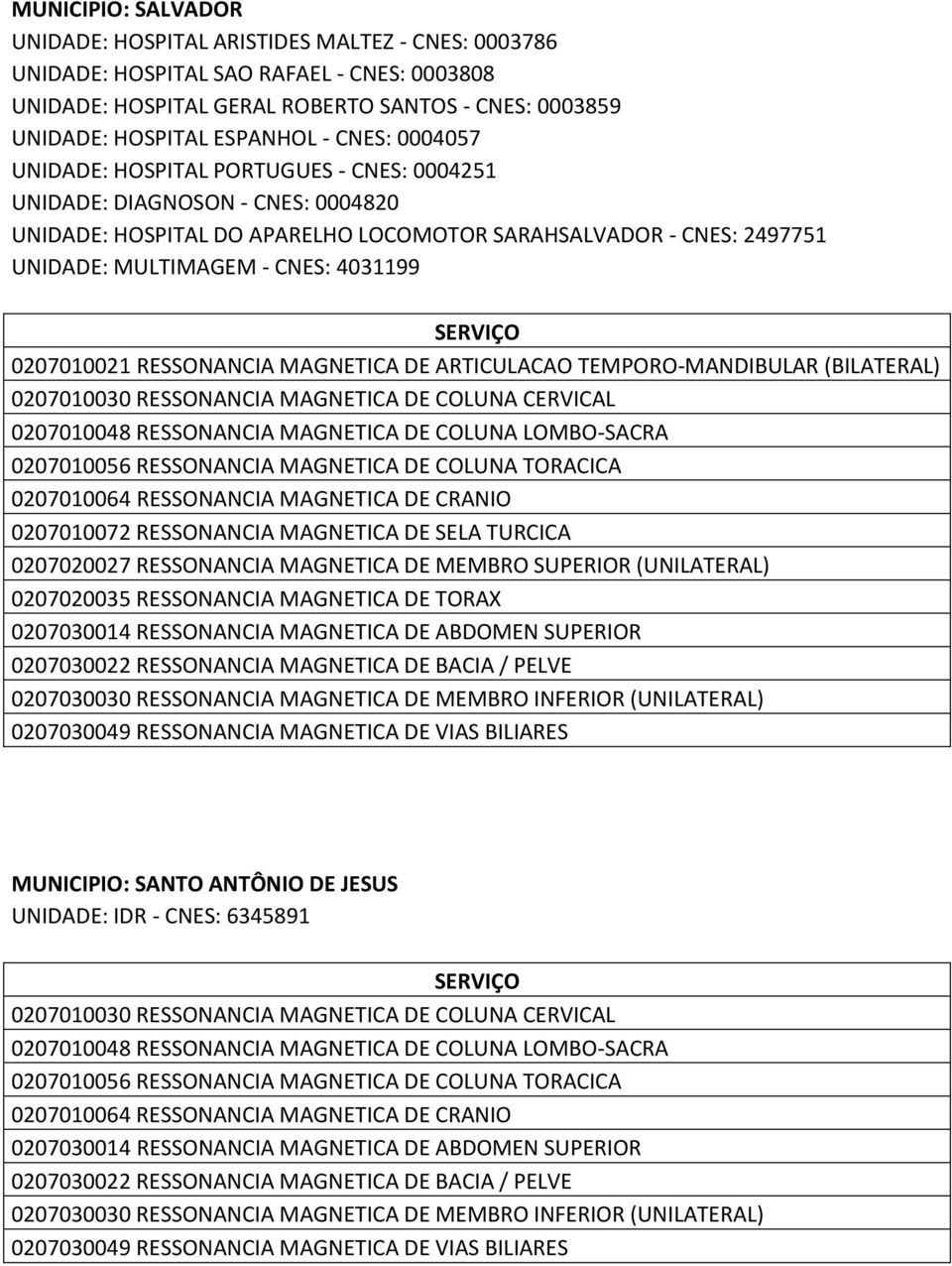 PORTUGUES - CNES: 0004251 UNIDADE: DIAGNOSON - CNES: 0004820 UNIDADE: HOSPITAL DO APARELHO LOCOMOTOR SARAHSALVADOR