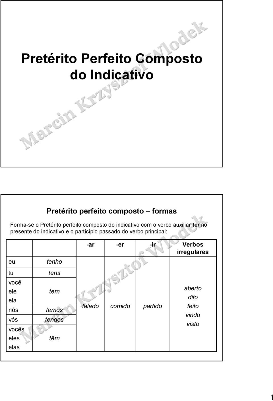 o particípio passado do verbo principal: eu tu você ele ela nós vós vocês eles elas tenho tens