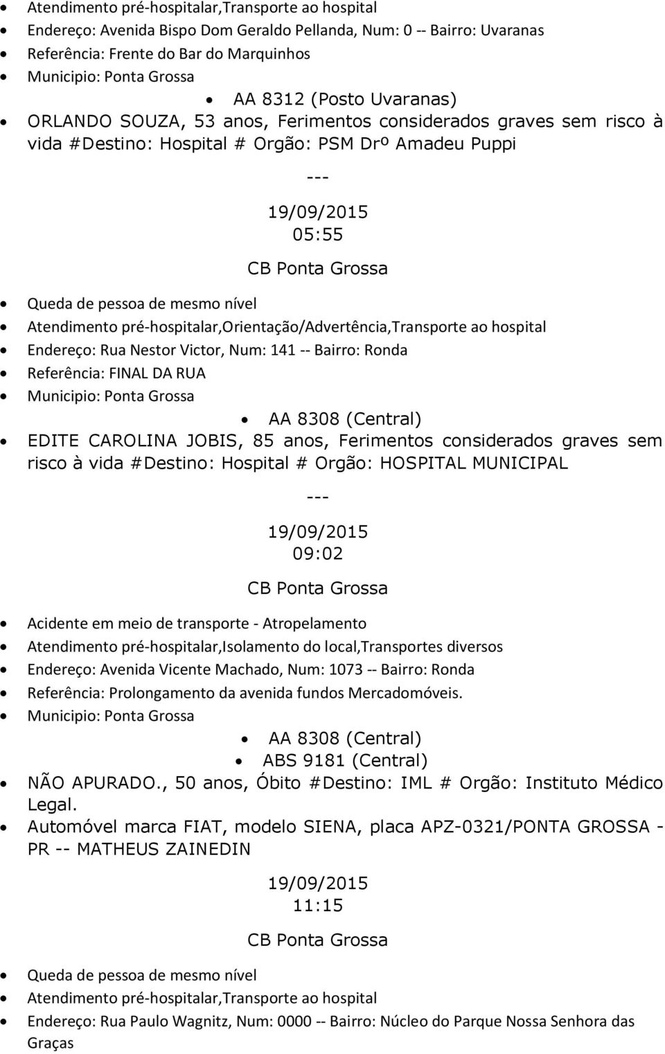 Victor, Num: 141 -- Bairro: Ronda Referência: FINAL DA RUA AA 8308 (Central) EDITE CAROLINA JOBIS, 85 anos, Ferimentos considerados graves sem risco à vida #Destino: Hospital # Orgão: HOSPITAL