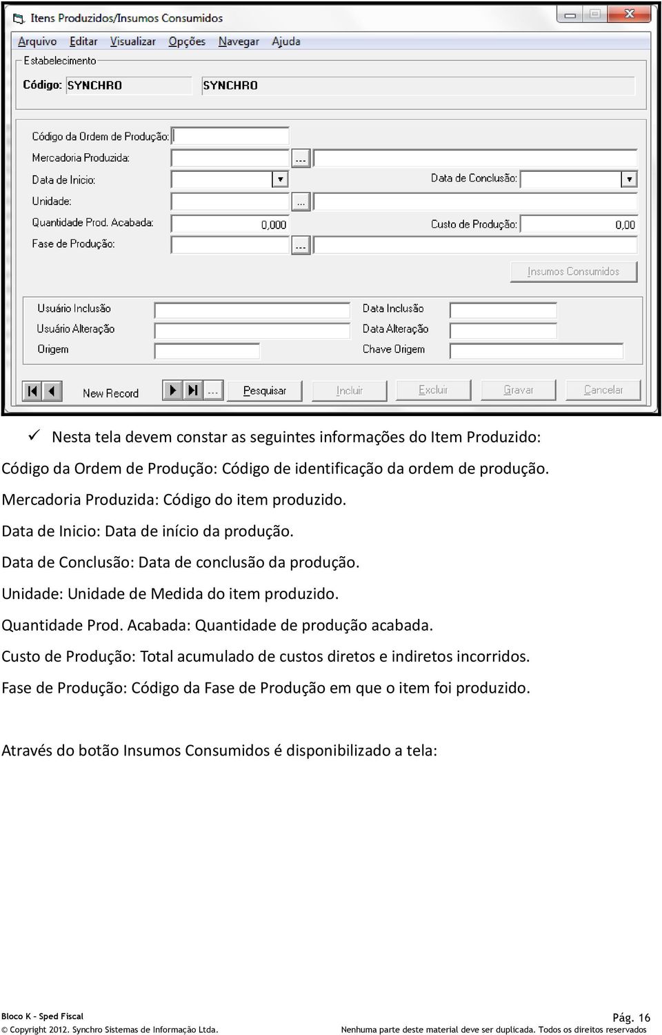 Unidade: Unidade de Medida do item produzido. Quantidade Prod. Acabada: Quantidade de produção acabada.