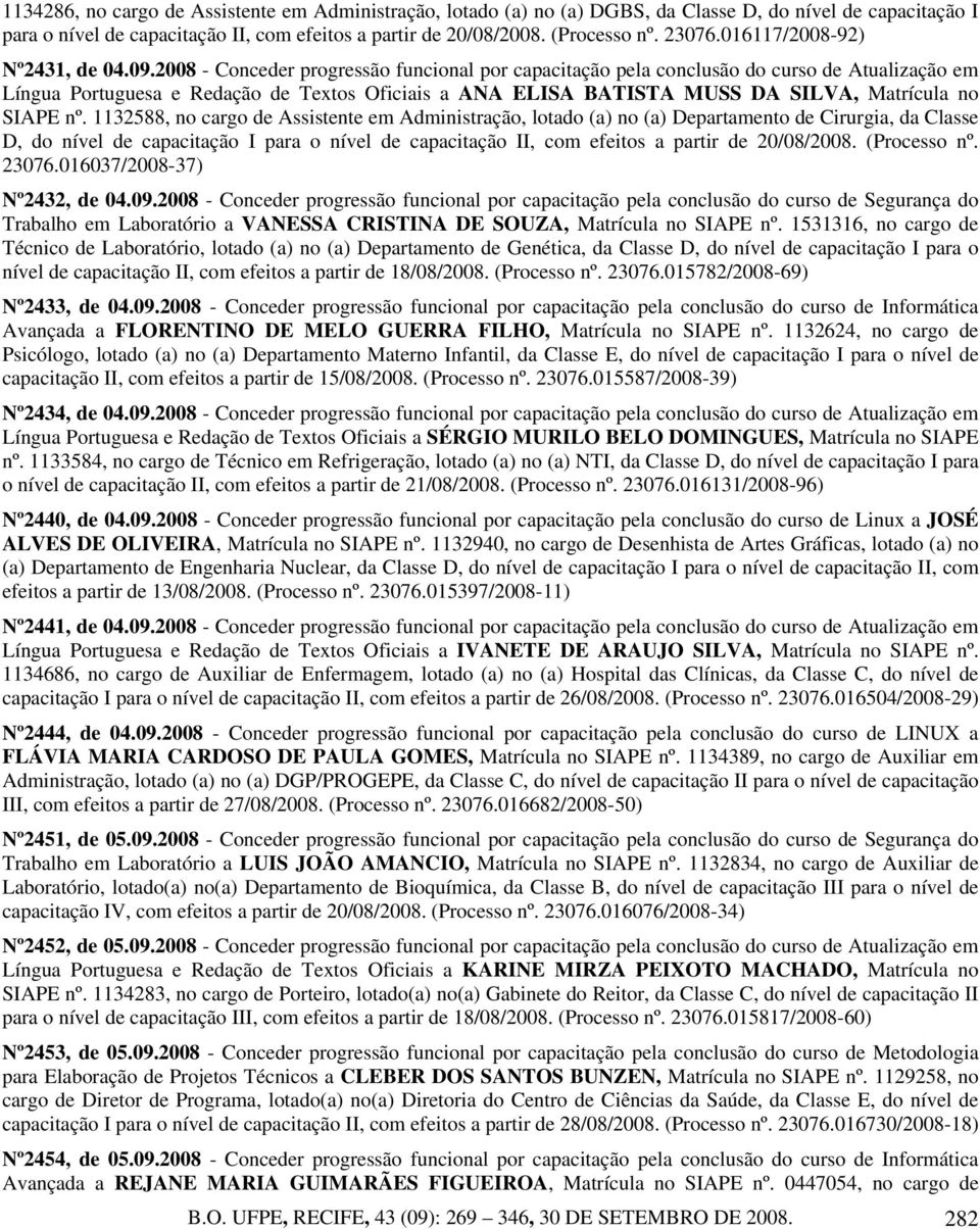 2008 - Conceder progressão funcional por capacitação pela conclusão do curso de Atualização em Língua Portuguesa e Redação de Textos Oficiais a ANA ELISA BATISTA MUSS DA SILVA, Matrícula no SIAPE nº.