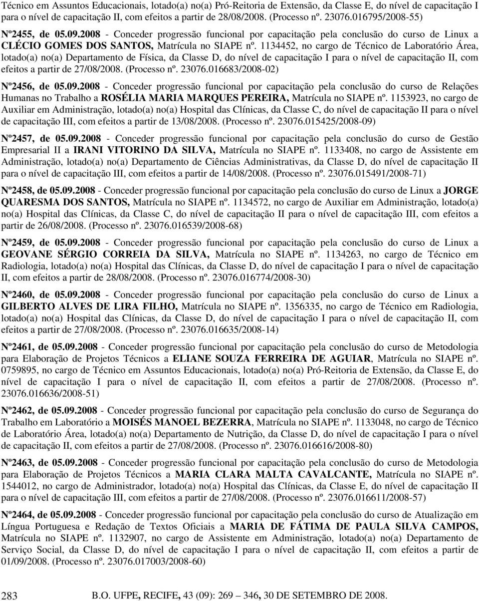 1134452, no cargo de Técnico de Laboratório Área, lotado(a) no(a) Departamento de Física, da Classe D, do nível de capacitação I para o nível de capacitação II, com efeitos a partir de 27/08/2008.