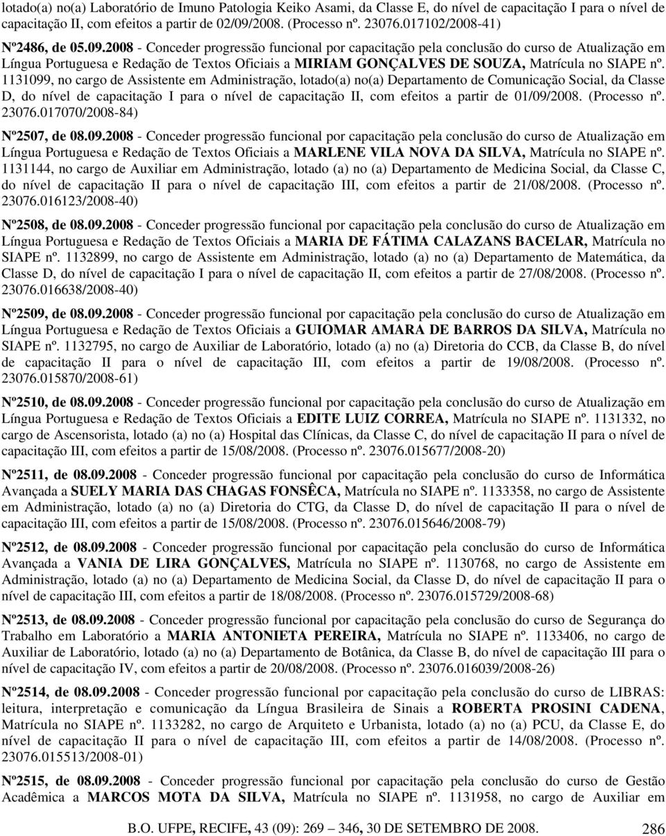 2008 - Conceder progressão funcional por capacitação pela conclusão do curso de Atualização em Língua Portuguesa e Redação de Textos Oficiais a MIRIAM GONÇALVES DE SOUZA, Matrícula no SIAPE nº.