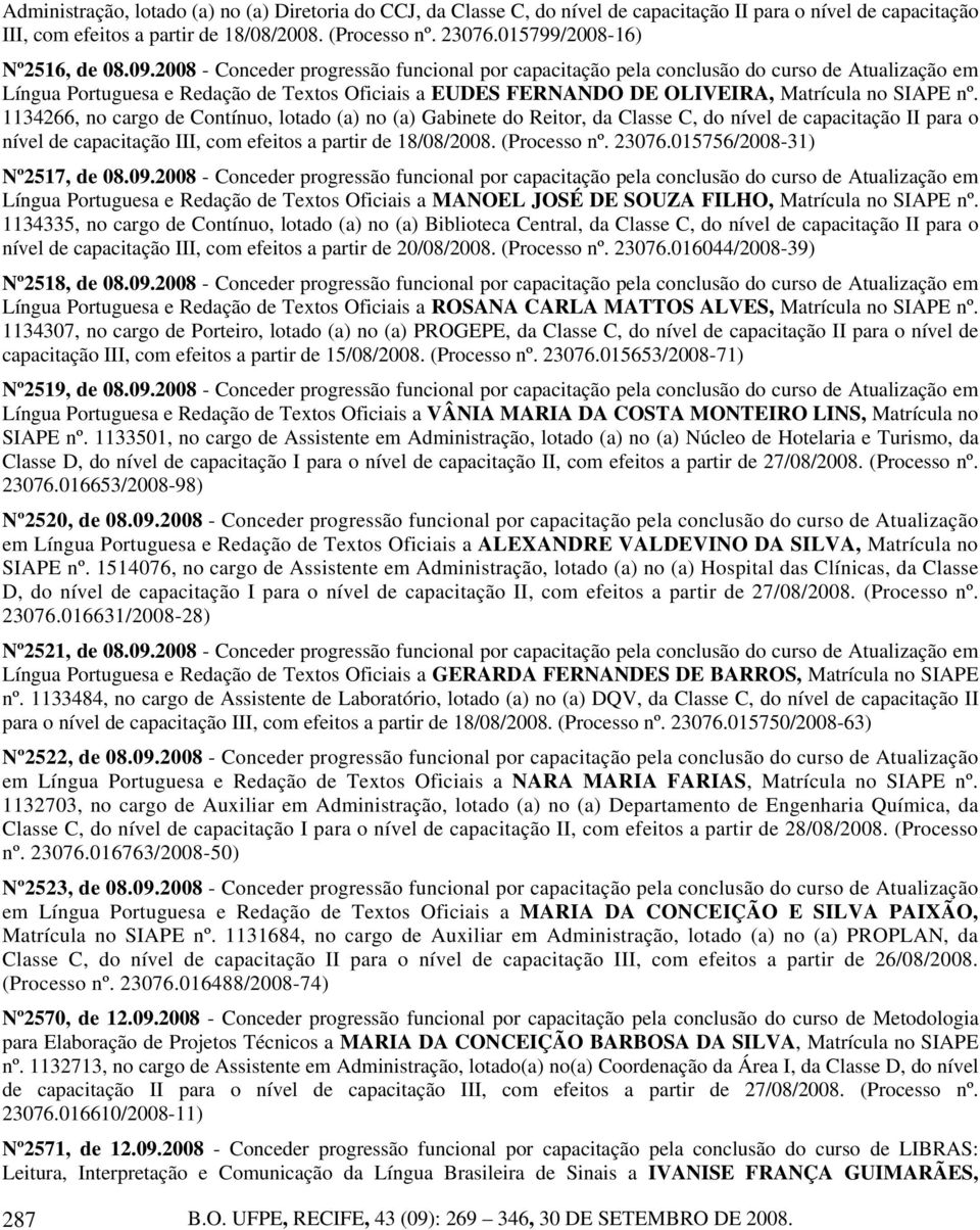 2008 - Conceder progressão funcional por capacitação pela conclusão do curso de Atualização em Língua Portuguesa e Redação de Textos Oficiais a EUDES FERNANDO DE OLIVEIRA, Matrícula no SIAPE nº.