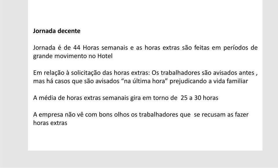 há casos que são avisados na última hora prejudicando a vida familiar A média de horas extras semanais