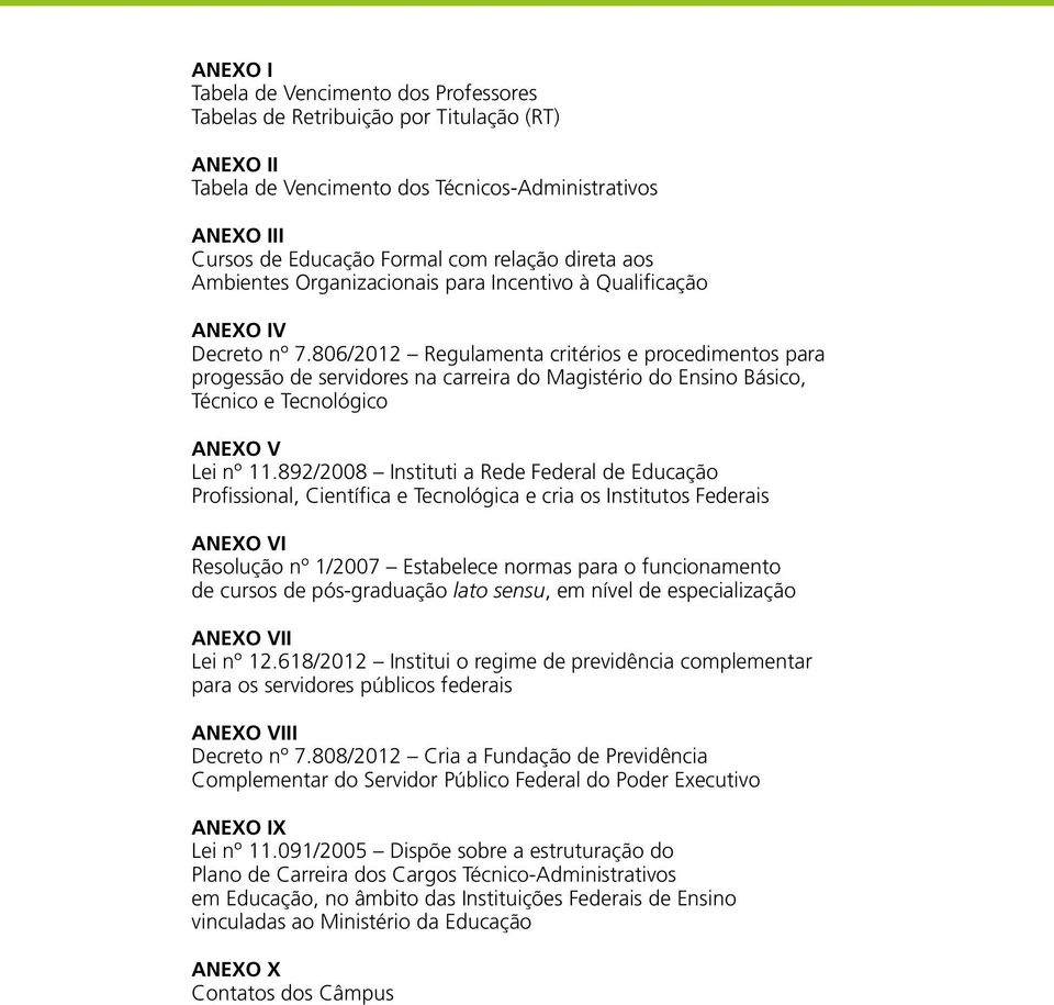 806/2012 Regulamenta critérios e procedimentos para progessão de servidores na carreira do Magistério do Ensino Básico, Técnico e Tecnológico ANEXO V Lei nº 11.