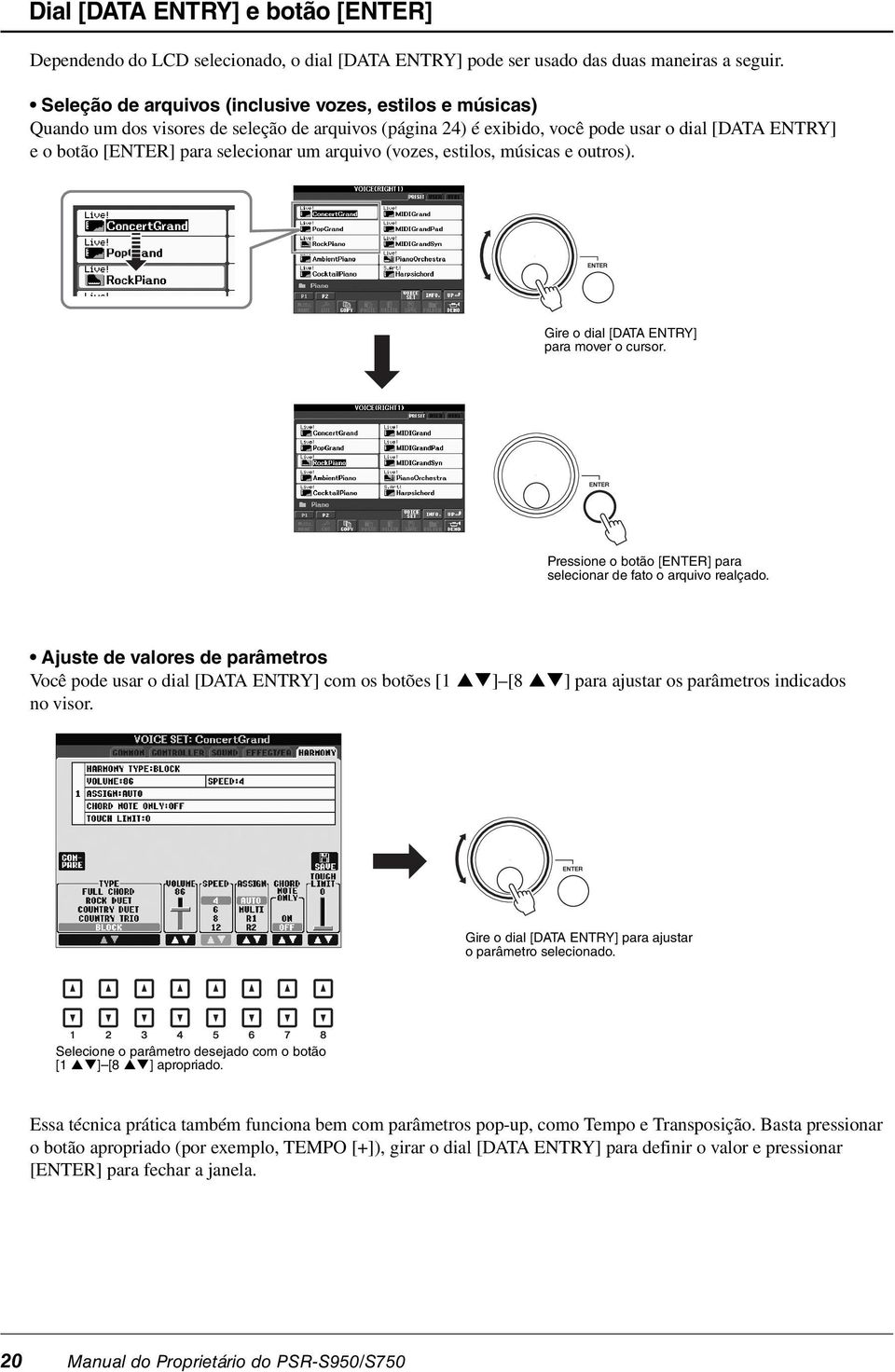 arquivo (vozes, estilos, músicas e outros). Gire o dial [DATA ENTRY] para mover o cursor. Pressione o botão [ENTER] para selecionar de fato o arquivo realçado.