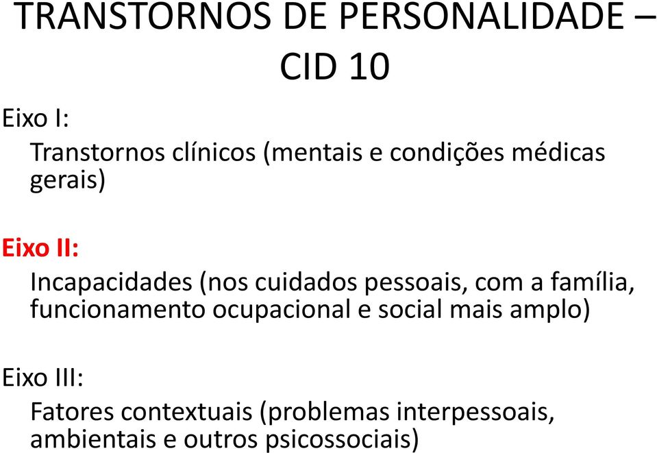 com a família, funcionamento ocupacional e social mais amplo) Eixo III: