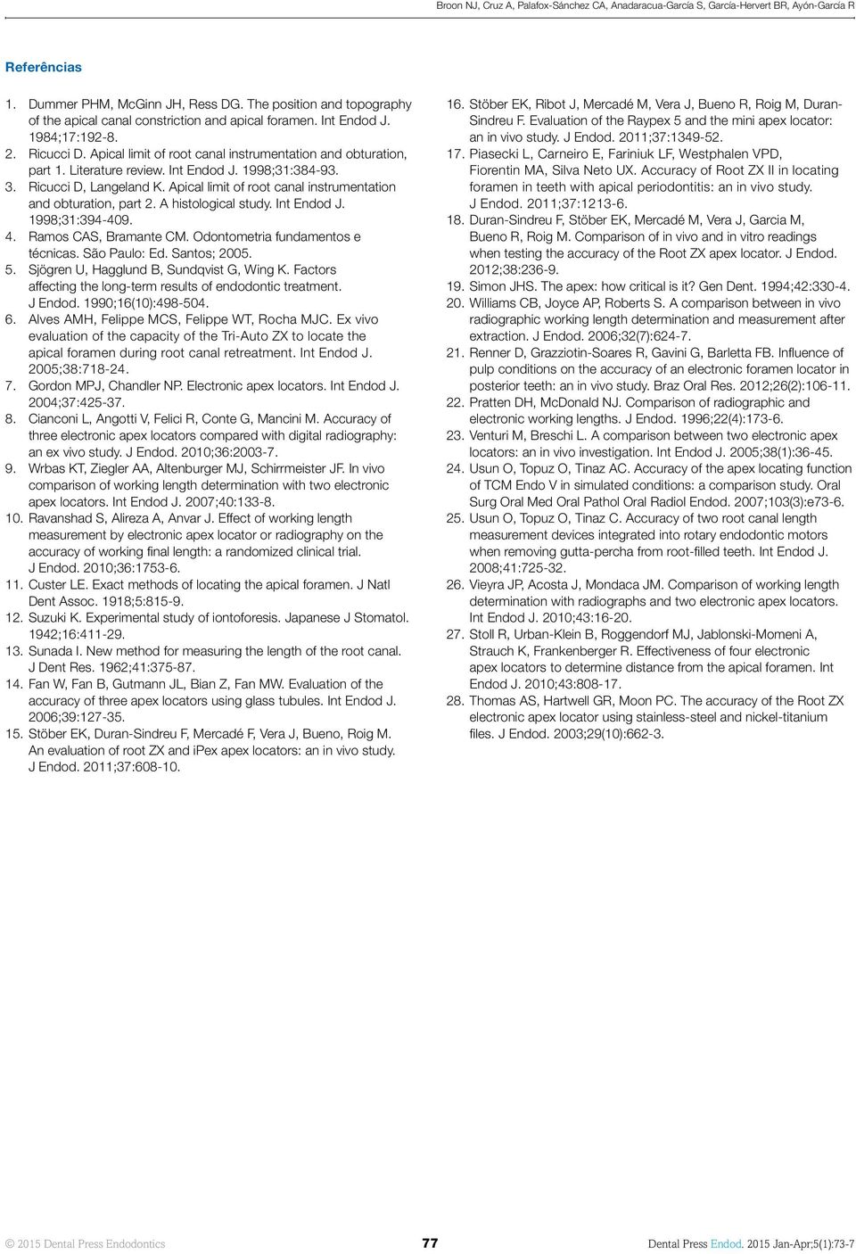 Literature review. Int Endod J. 1998;31:384-93. 3. Ricucci D, Langeland K. Apical limit of root canal instrumentation and obturation, part 2. A histological study. Int Endod J. 1998;31:394-409. 4.