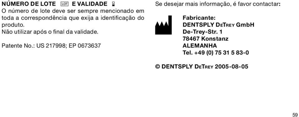 : US 217998; EP 0673637 Se desejar mais informação, é favor contactar: Fabricante: DENTSPLY