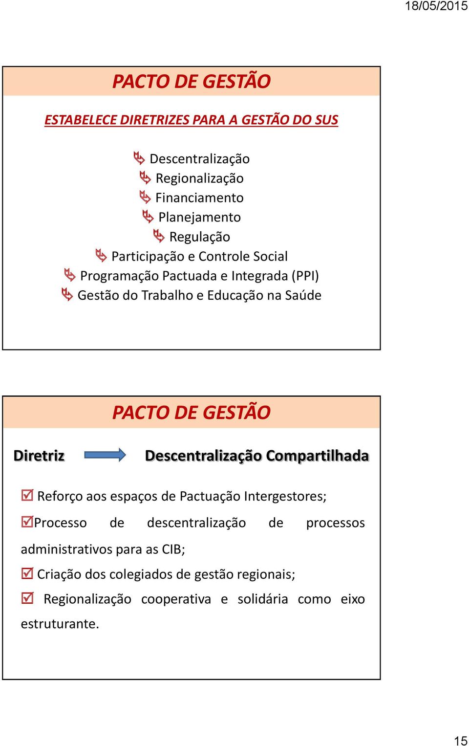 Diretriz Descentralização Compartilhada Reforço aos espaços de Pactuação Intergestores; Processo de descentralização de processos