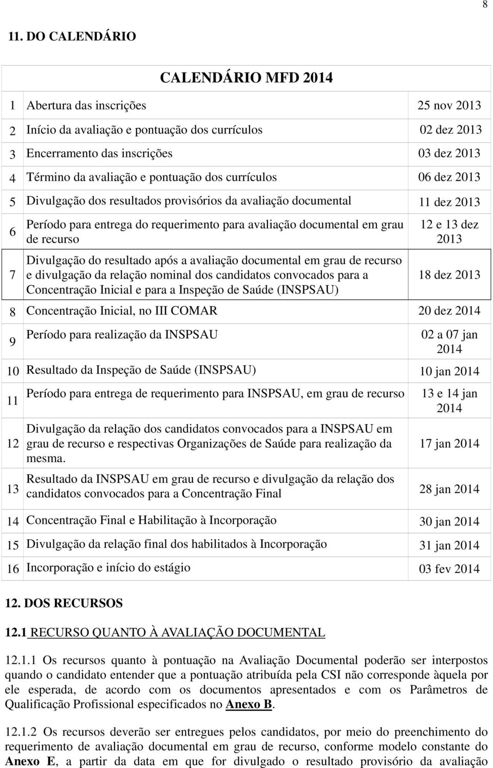 pontuação dos currículos 06 dez 2013 5 Divulgação dos resultados provisórios da avaliação documental 11 dez 2013 6 7 Período para entrega do requerimento para avaliação documental em grau de recurso