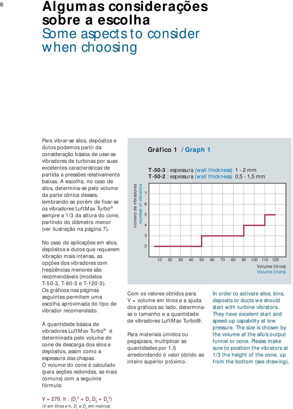 escolha, no caso de silos, determina-se pelo volume da parte cônica desses, lembrando-se porém de fixar-se os vibradores LuftMax Turbo sempre a 1/3 da altura do cone, partindo do diâmetro menor (ver