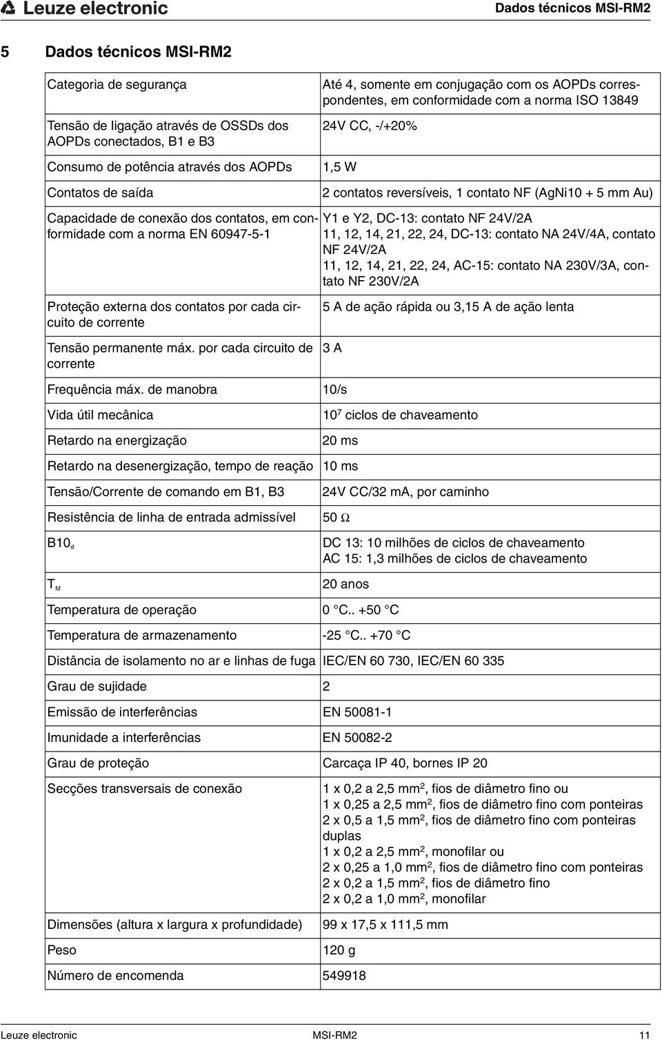 contatos, em conformidade com a norma EN 60947-5-1 Y1 e Y2, DC-13: contato NF 24V/2A 11, 12, 14, 21, 22, 24, DC-13: contato NA 24V/4A, contato NF 24V/2A 11, 12, 14, 21, 22, 24, AC-15: contato NA