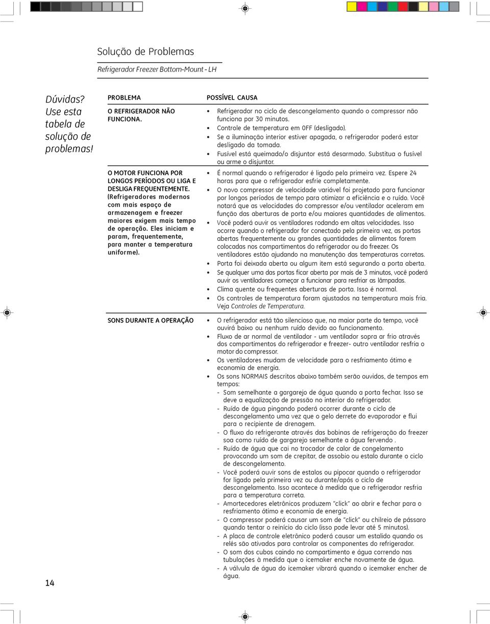 SONS DURANTE A OPERAÇÃO POSSÍVEL CAUSA Refrigerador no ciclo de descongelamento quando o compressor não funciona por 30 minutos. Controle de temperatura em 0FF (desligado).