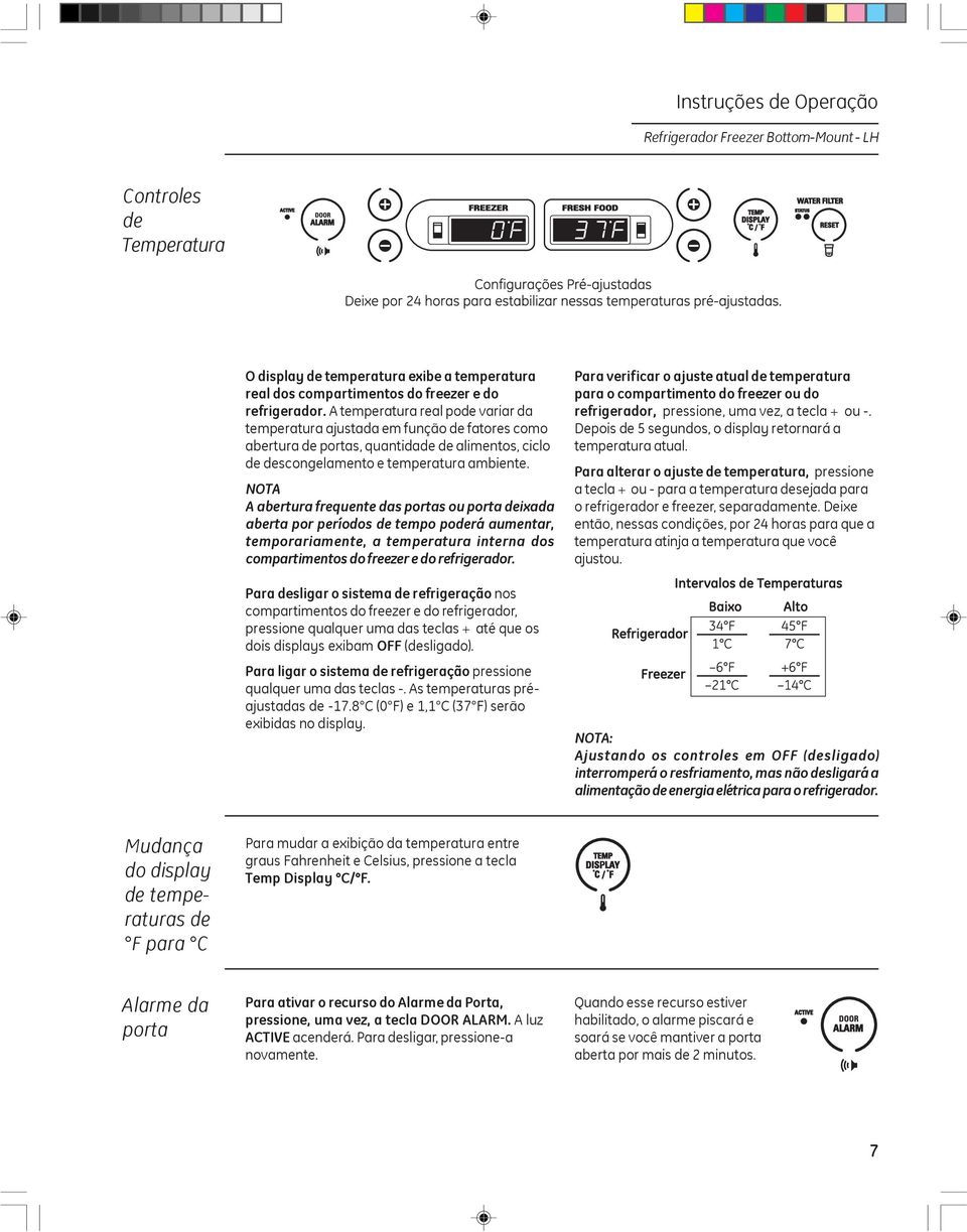 NOTA A abertura frequente das portas ou porta deixada aberta por períodos de tempo poderá aumentar, temporariamente, a temperatura interna dos compartimentos do freezer e do refrigerador.