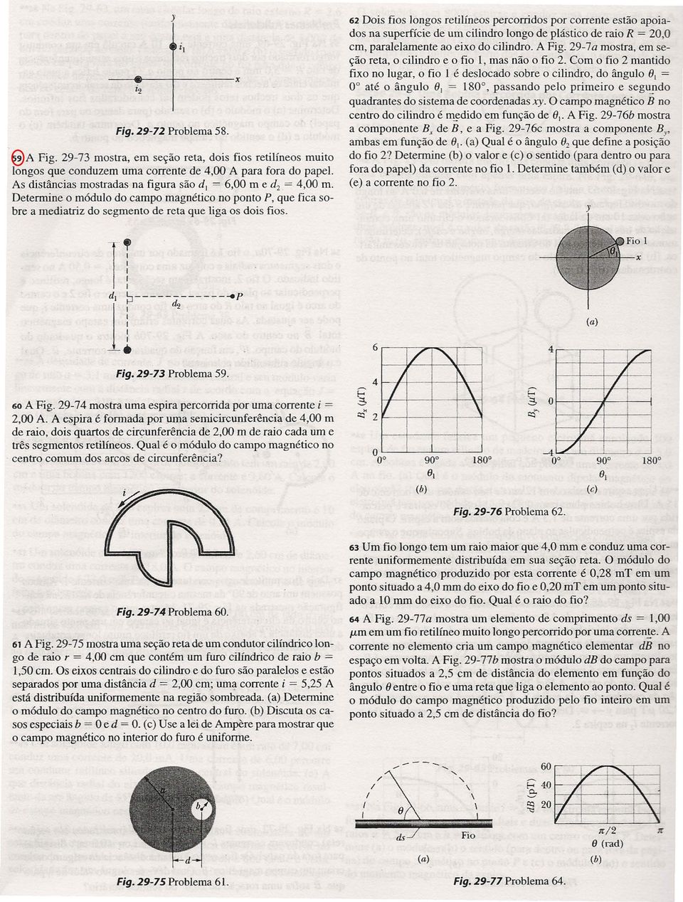 62 Dois fios longos retilíneos percorridos por corrente estão apoiados na superfície de um cilindro longo de plástico de raio R = 20,0 em, paralelamente ao eio do cilindro. A Fig.