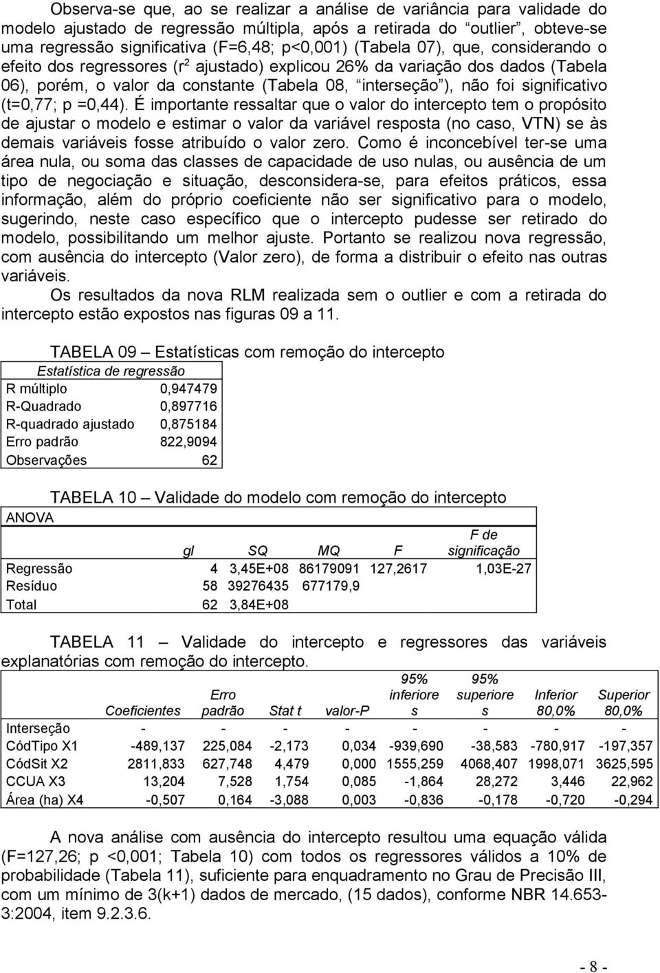 É importante ressaltar que o valor do intercepto tem o propósito de ajustar o modelo e estimar o valor da variável resposta (no caso, VTN) se às demais variáveis fosse atribuído o valor zero.