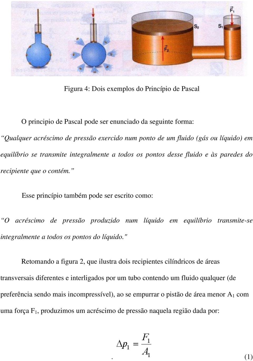 Esse princípio também pode ser escrito como: O acréscimo de pressão produzido num líquido em equilíbrio transmite-se integralmente a todos os pontos do líquido.