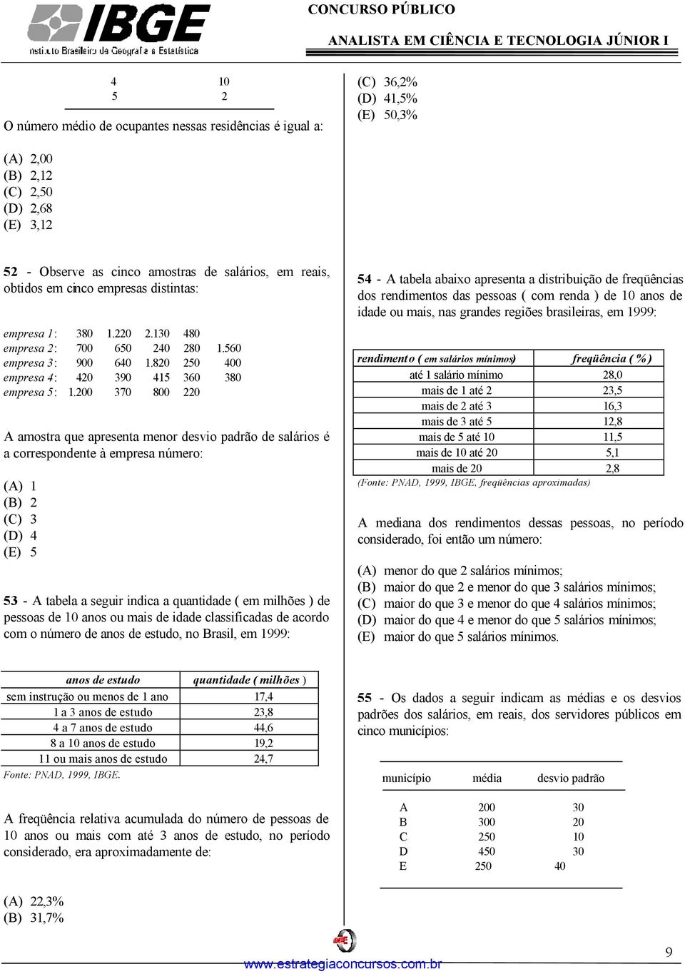 200 370 800 220 A amostra que apresenta menor desvio padrão de salários é a correspondente à empresa número: (A) 1 (B) 2 (C) 3 (D) 4 (E) 5 53 - A tabela a seguir indica a quantidade ( em milhões ) de