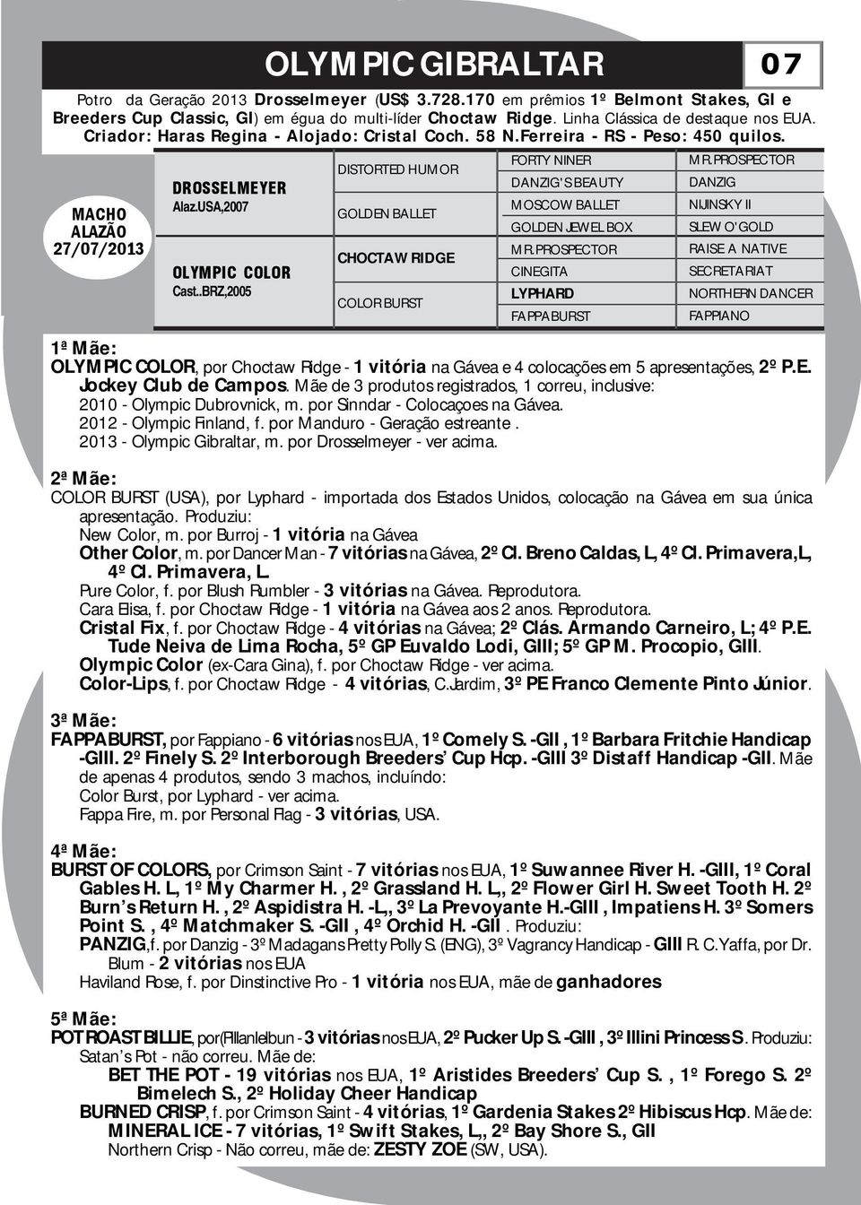 PROSPECTOR DISTORTED HUMOR MACHO ALAZÃO 27/07/2013 DROSSELMEYER Alaz.USA,2007 OLYMPIC COLOR Cast..BRZ,2005 GOLDEN BALLET CHOCTAW RIDGE COLOR BURST DANZIG'S BEAUTY MOSCOW BALLET GOLDEN JEWEL BOX MR.