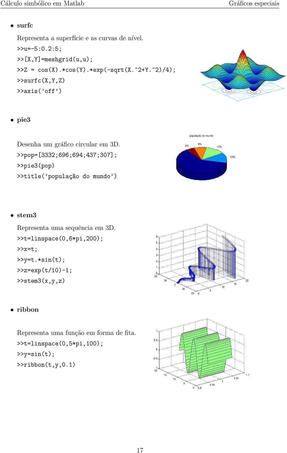 >>pop=[3332;696;694;437;307]; >>pie3(pop) >>title( populaç~ao do mundo ) stem3 Representa uma sequência em 3D.