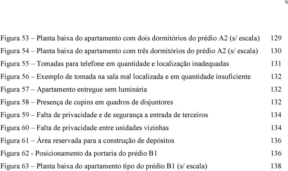 luminária 132 Figura 58 Presença de cupins em quadros de disjuntores 132 Figura 59 Falta de privacidade e de segurança a entrada de terceiros 134 Figura 60 Falta de privacidade entre unidades