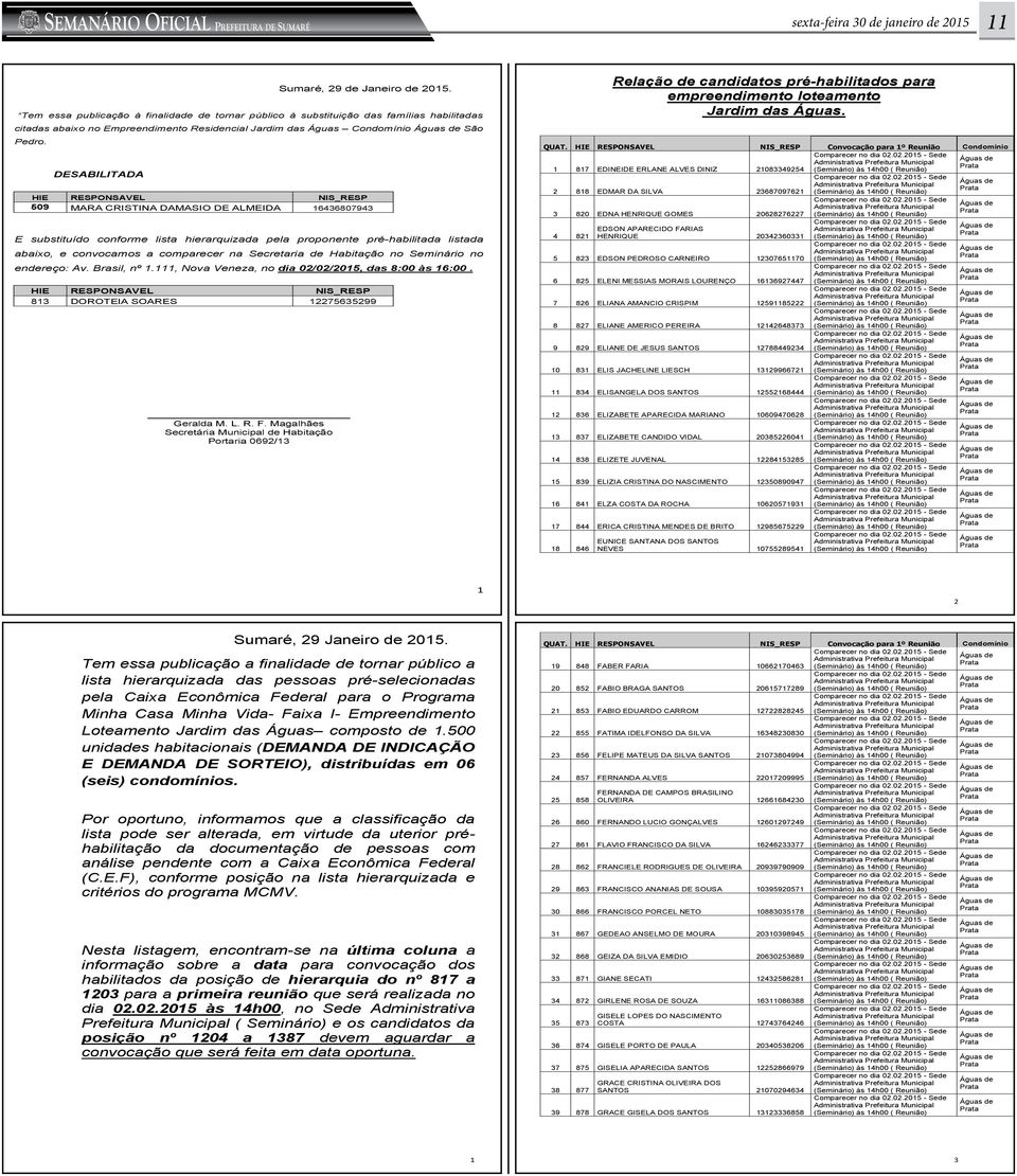 DESABILITADA HIE RESPONSAVEL NIS_RESP 509 MARA CRISTINA DAMASIO DE ALMEIDA 16436807943 E substituído conforme lista hierarquizada pela proponente pré-habilitada listada abaixo, e convocamos a