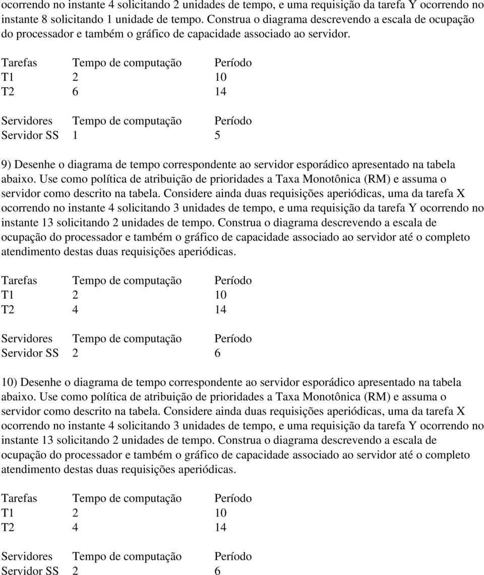 Tarefas Tempo de computação Período T1 2 10 T2 6 14 Servidores Tempo de computação Período Servidor SS 1 5 9) Desenhe o diagrama de tempo correspondente ao servidor esporádico apresentado na tabela