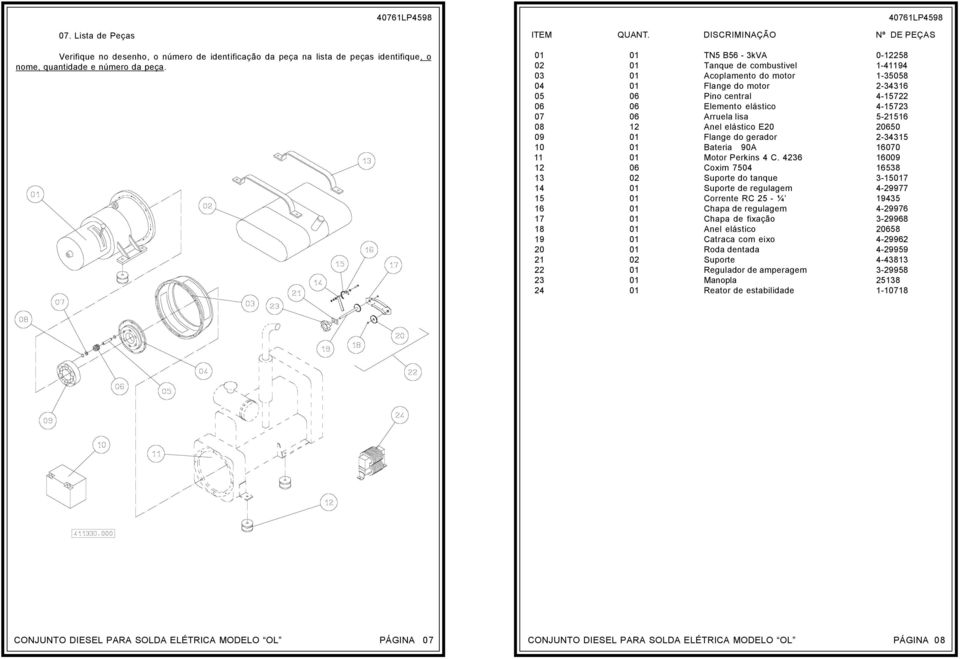 Arruela lisa 5-21516 08 12 Anel elástico E20 20650 09 01 Flange do gerador 2-34315 10 01 Bateria 90A 16070 11 01 Motor Perkins 4 C.