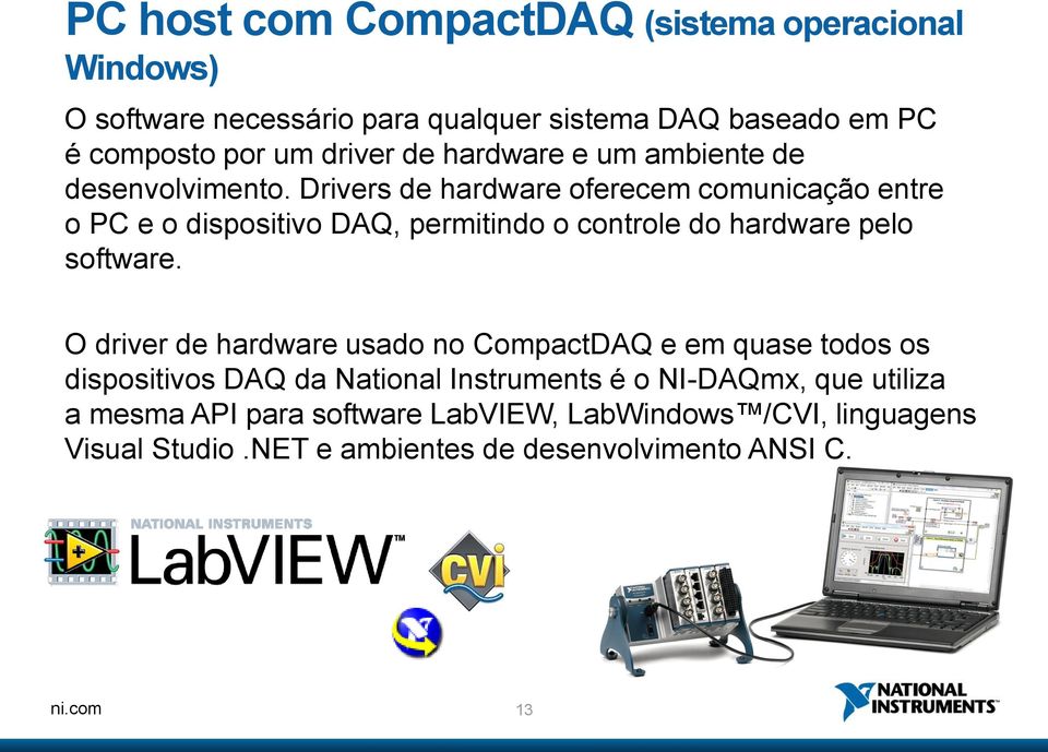 Drivers de hardware oferecem comunicação entre o PC e o dispositivo DAQ, permitindo o controle do hardware pelo software.