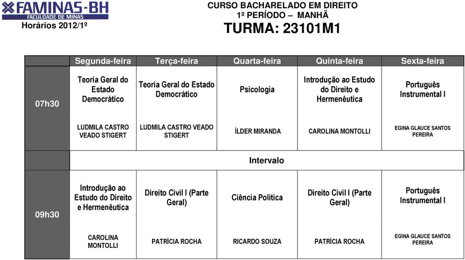 MONTOLLI PEREIRA 09h30 Introdução ao Estudo do Direito e Hermenêutica Direito Civil I (Parte Geral) Ciência Política