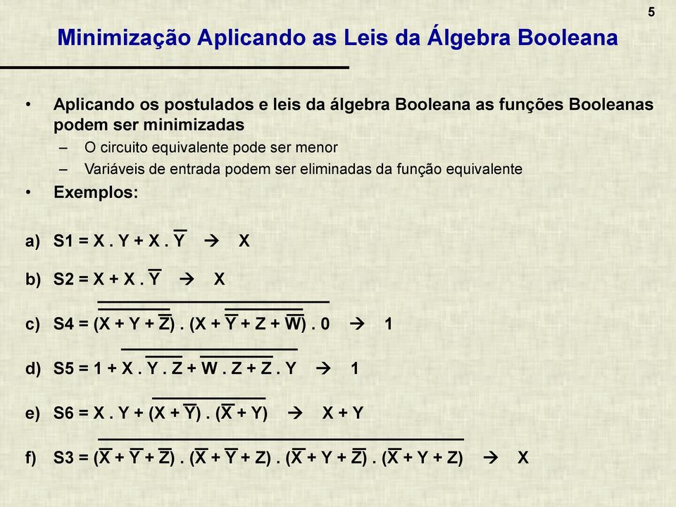 função equivalente Exemplos: a) S1 = X. Y + X. Y X b) S2 = X + X. Y X c) S4 = (X + Y + Z). (X + Y + Z + W).