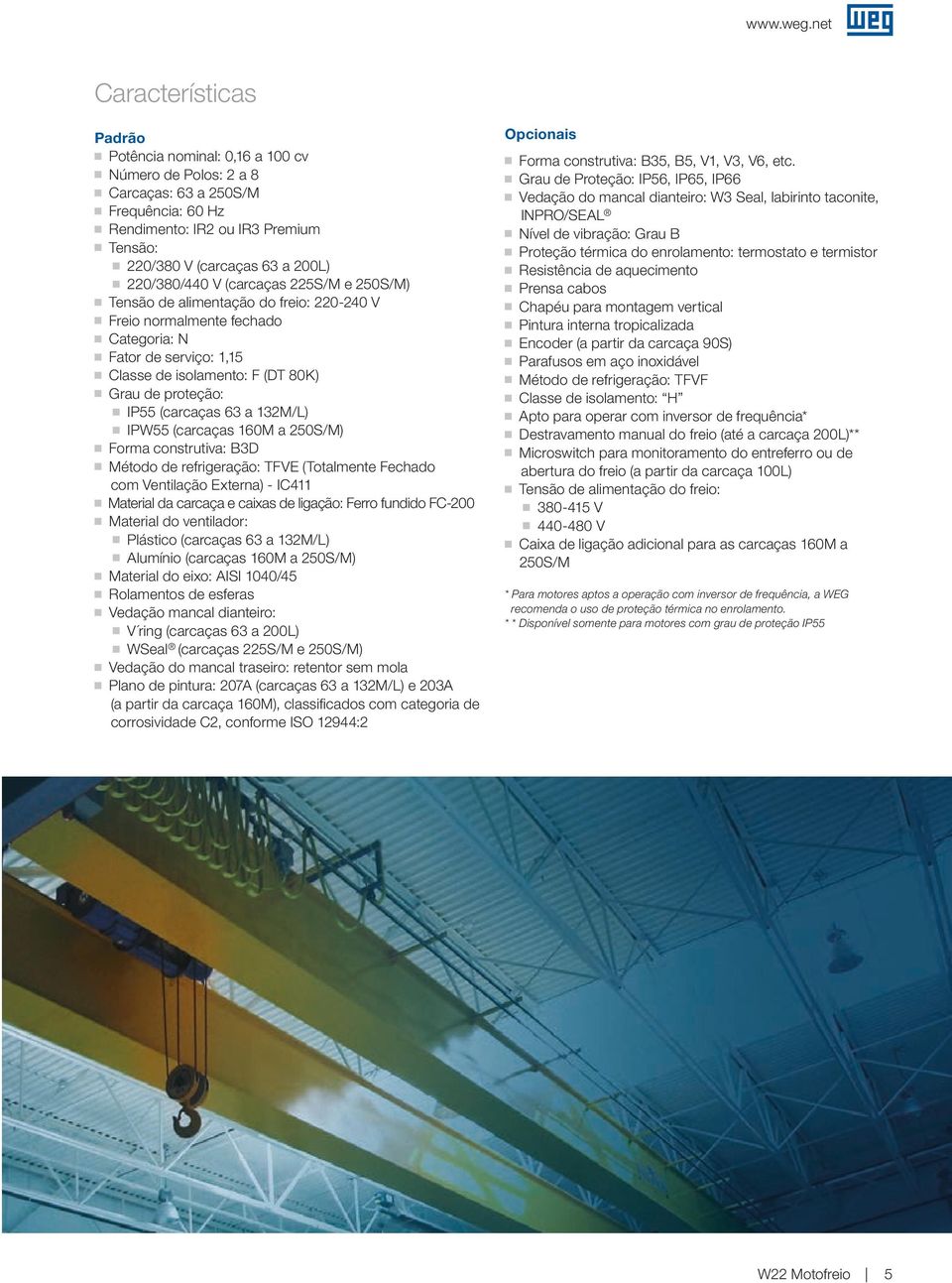 63 a 132M/L) IPW55 (carcaças 160M a 250S/M) Forma construtiva: B3D Método de refrieração: TFVE (Totalmente Fechado com Ventilação Externa) - IC411 Material da carcaça e caixas de liação: Ferro