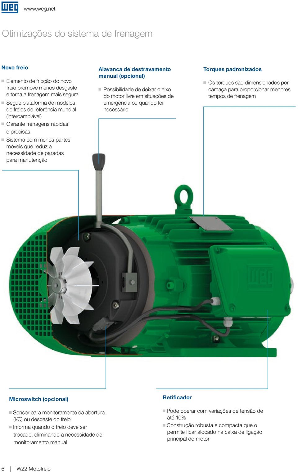 deixar o eixo do motor livre em situações de emerência ou quando for necessário Torques padronizados Os torques são dimensionados por carcaça para proporcionar menores tempos de frenaem Microswitch