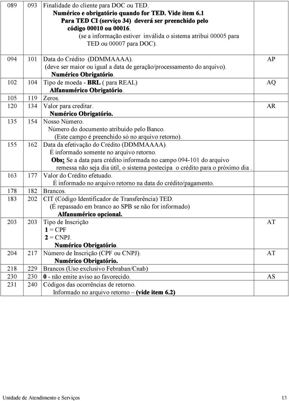 102 104 Tipo de moeda - BRL ( para REAL) Alfanumérico Obrigatório. 105 119 Zeros. 120 134 Valor para creditar. AR 135 154 Nosso Número. Número do documento atribuído pelo Banco.